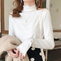 Women's Mock Neck Long Sleeve Top Slim Fit Dralon Base Layer Ruffle Trim Soft High Stretch Solid Color Thermal Undershirt Autumn Commuter Inner Wear SIZE