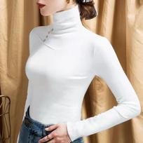 Women's Turtleneck Long Sleeve Slim Fit Elegant Basic Top Button Decor Thermal Fleece Blouse S