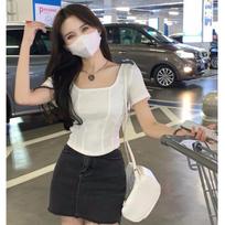 Women's Square Neck Short Sleeve T-Shirts Slim Fit Solid Casual Summer Cropped Tops M
