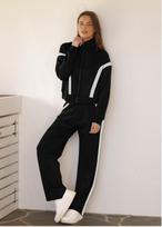 Women's Zip Up Long Sleeve Jacket Wide Leg Pants Two Piece Tracksuit Loose Fit Side Stripe Color Block Polyester Jogger Set Fall Street Casual Outfit S