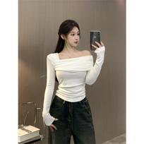 Women's Off Shoulder Long Sleeve Tunic Top Slim Fit Solid Color Knit Blouse S