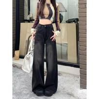 Women's Vintage Faded Black Gray Straight Wide Leg Jeans High Waist No Stretch Loose Floor Length Baggy Denim Trousers Spring Fall Casual Pants S
