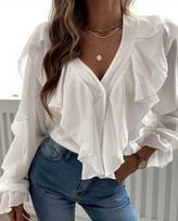 2026 Spring/Summer Cross-border Foreign Trade European and American WISH Women's New V-Neck Ruffled Top, Shirt, Long Sleeve S