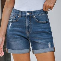 Women's High Waist Straight Leg Shorts Slim Fit Denim Shorts Medium Stretch Ripped Cuffed Casual Commuter Denim Shorts S