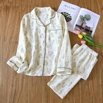 Spring/Summer New Women's Pajama Set 100% Cotton Crepe Long Sleeve Pants Two Piece Large Cardigan Home Furnishing Set M