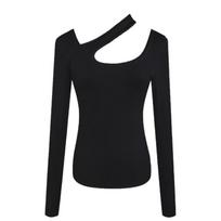 Women's Asymmetric Halter Long Sleeve Tee Slim Fit Elegant Commuter Top Cutout Hollow Milk Silk Solid Sexy Autumn Casual Undershirt M