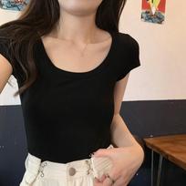 Women's U Neck Short Sleeve Top Slim Fit Solid Polyester Milk Silk Casual Layering T-Shirt Summer Basic Commuter Blouse M