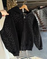 Unisex Hooded Long Sleeve Zip Up Hoodie Oversized Fit Rhinestone Star Print Hip Hop Streetwear Sweatshirt Jacket S