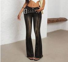 Women's Low Rise Flared Jeans Slim Fit Street Trendy Buckle Strap Fringe Hem Denim Pants S