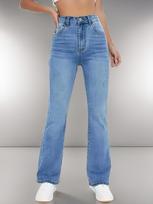 Women's High Waist Flare Jeans Slim Fit Casual Non Stretch Light Blue Denim Bootcut Trousers XS