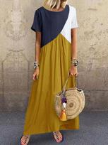 Women's Crew Neck Short Sleeve Maxi Dress Slim Fit Color Block Geometric Patchwork Casual Beach Long Dress S