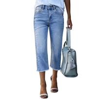 Women's High Rise Slim Capri Jeans High Stretch Vintage Frayed Cropped Denim Trousers Summer Casual Pants S