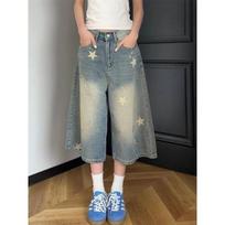 Women's High Rise Wide Leg Capri Jeans Star Print Washed Vintage American Non-Stretch Summer Casual Cropped Denim Trousers S