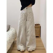 Women's High Rise Cargo Jeans Wide Leg Straight Pants Vintage American Non-Stretch Sand White Casual Winter Denim Trousers S