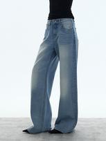Women's Mid Rise Wide Leg Jeans Loose Straight Denim Pants Korean Casual Rhinestone Washed Long Trousers S