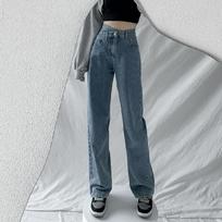 Women's Irregular Diagonal Button Straight Leg Jeans High Waist Washed Denim Loose Wide Leg Floor Length Casual Trousers No Stretch S