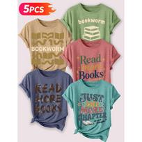 Lele Orientation Five-piece set for women T Shirt Artistic bookworm reading books with simple vintage prints Summer Casual Elegant Women's Clothing S