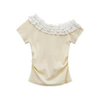 Women's Off Shoulder Short Sleeve Tee Slim Fit French Elegant Ruffle Ruched Solid Casual Daily T-Shirt XS