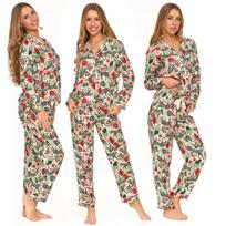 Women's Two-Piece Long Pajama Set, Button-Down, Viscose, Collar, MORAJ L PATT 1