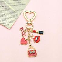 Pretty Rose Red Bag Lips Flamingos Lipstick Enamel Keychain Lovely Heart Animals Key Ring For Women Girls Handmade Jewelry Set A2