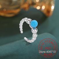 925 Silver Trendy Blue Turquoise Bean Finger Rings For Women Fashion Wedding Engagement Party Charm Jewelry