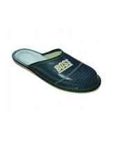 Men's covered slippers with the inscription  Boss , navy blue men's leather slippers 46