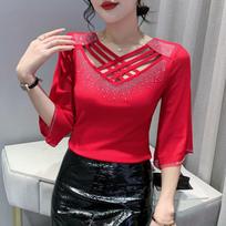 Cross V-neck Ironing Mesh T-shirt for Women In Five-quarter Sleeve Summer Latest Stylishable Half-sleeved Top Mid-sleeved Blouse M