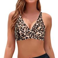 Women Bikini Bra V-Neck Sleeveless Leopard Print Tops Backless Knotted Design Push Up Tops M