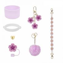 For Stanley Cup Pink Flower Water Bottle Handle Strap Straw Protect Cover Silicone Tumbler Sleeve with Handle Strap violetinė