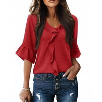 2026 Fashionable Loose V-neck Ruffle Trim Short Sleeve Lace Women's Casual Blouse S