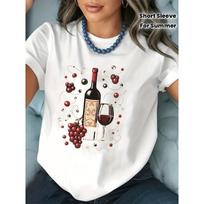 Elegantiškas T-shirt su vynuogių grafiniu spaudiniu, trumpomis rankovėmis, apvalia apykakle, laisvalaikio viršus vasarai ir pavasariui, moteriški drabužiai L balta