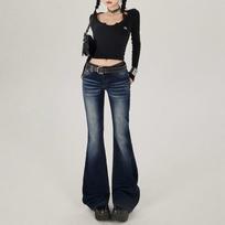 Women's High Waist Flare Jeans Slim Fit High Stretch Vintage Blue Sand Wash Denim Trousers XS