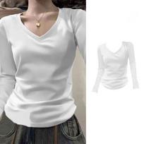 Women's V Neck Long Sleeve Tee Slim Fit Commuter Solid Color Ruched Base Top S