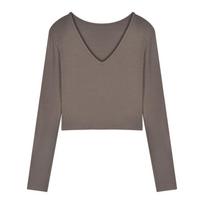 Women's V Neck Long Sleeve Top Slim Fit Commuter Style Solid Color Cropped Milk Silk Casual Layering Tee M