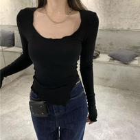 Women's Square Neck Long Sleeve Top Slim Fit Commuter Style Solid Color Ruffled Irregular Hem Ribbed Casual Fall Layering Tee M