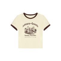 Women's Crew Neck Short Sleeve Crop Top Slim Fit Casual Tee Letter Graphic Contrast Trim Milk Silk Y2K Hot Girl Short T Shirt M