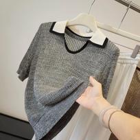 Women's V Neck Short Sleeve Knit Top Slim Fit Casual Solid Color Summer Sweater one size