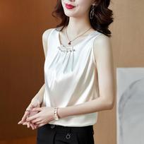 Women's U Neck Sleeveless Satin Tank Top Slim Fit Office Cami Top Beaded Pleated Inner Layering Vest M