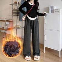 Women's High Waist Wide Leg Pants Trousers Fall Elegant Commuter Style Drawstring Pocket Fleece Lined Loose Straight Casual Long Trousers M