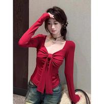 Women's Square Neck Long Sleeve Bow Knot Slim Fit Top T-Shirt Blouse Casual S