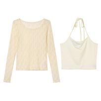 Women's Slim Fit Two Piece Matching Set Long Sleeve Lace Blouse Sleeveless Halter Camisole Cotton Casual Layering Outfit For Summer XS