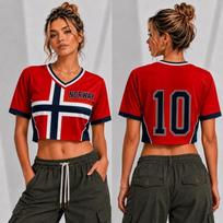2026 New Women's Cheerleading Sexy Y2k Top Norway FLAG Football V-neck Short Sleeved Shirt T-shirt Hip Hop Adult T-shirt S