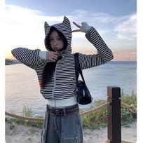 Women's Hooded Long Sleeve Zip Up Cardigan Regular Fit Striped Cropped Hoodie Devil Horns Streetwear Sweatshirt S