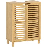 Vonios spintelė po kriaukle, Laisvai pastatoma bambukinė spintelė po kriaukle su žaliuzių durelėmis ir reguliuojama lentyna, Natūrali 60 x 30 x 80 cm natūrali