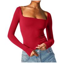 Women's Fashion Long Sleeve Color Slim Square Neck Bottoming Shirt T-Shirt Top S