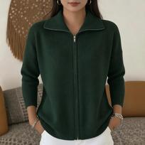 Women's Color Knit Zip Front Lapel Collar Cardigan Sweater for Casual Daily Wear M