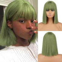 MERISIHAIR žalias trumpas tiesus sintetinio pluošto perukas su kirpčiukais Moteriškas Cosplay vakarėlis, kasdienis dėvimas trumpas Bob perukas 1001 beige
