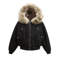 2025 Women's Retro American Black Fleece Lined Parka - Thickened Short Autumn/Winter Versatile Jacket S