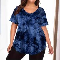 Womens Plus Size Tie Dye V Neck Short Sleeve Curved Hem Blouse 1XL