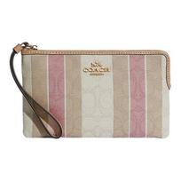 Coach Corner Zip Corner 20 Monogram Stripe Color Block Zipper Canvas Clutch Wristlet Small Women clutch Khaki White Pink C8753-IMTVT Basic Set (Bag+Dust Bag)